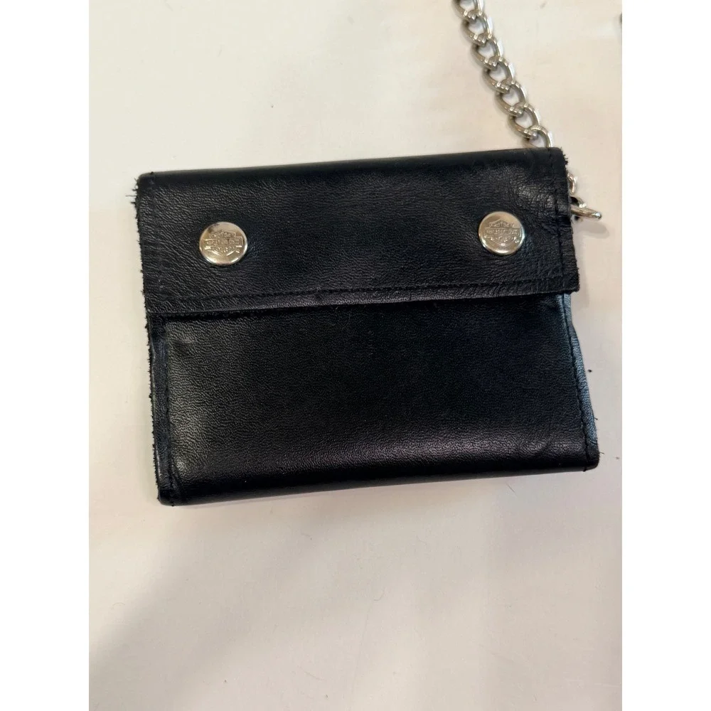 Harley Davidson Vintage Black Leather Biker Chain Wallet Eagle Logo Trifold